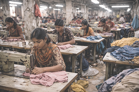 Fast Fashion Factory with very young workers and a dirty setting in somewhere asia