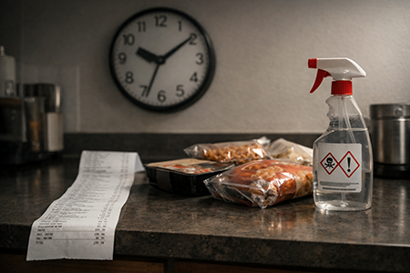 Grocery receipt with high prices next to processed food and cleaning products on a kitchen counter late at night