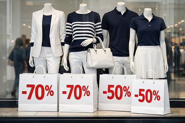 Sale window with mannequins and sale signs